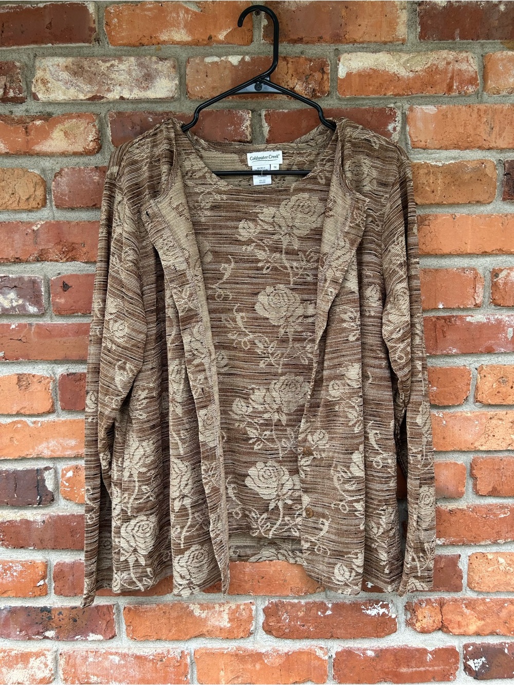 Coldwater Creek NWT Brown Rose Jacquard Cardigan Sweater Set Size 1X With Shell